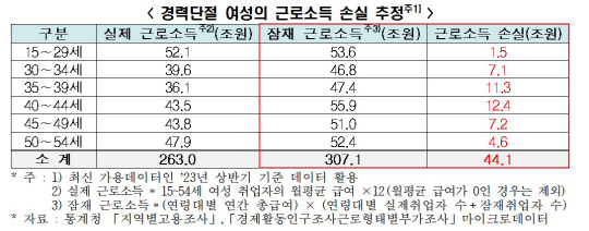 경력단절 여성의 근로소득 손실 추정. 한국경제인협회 제공